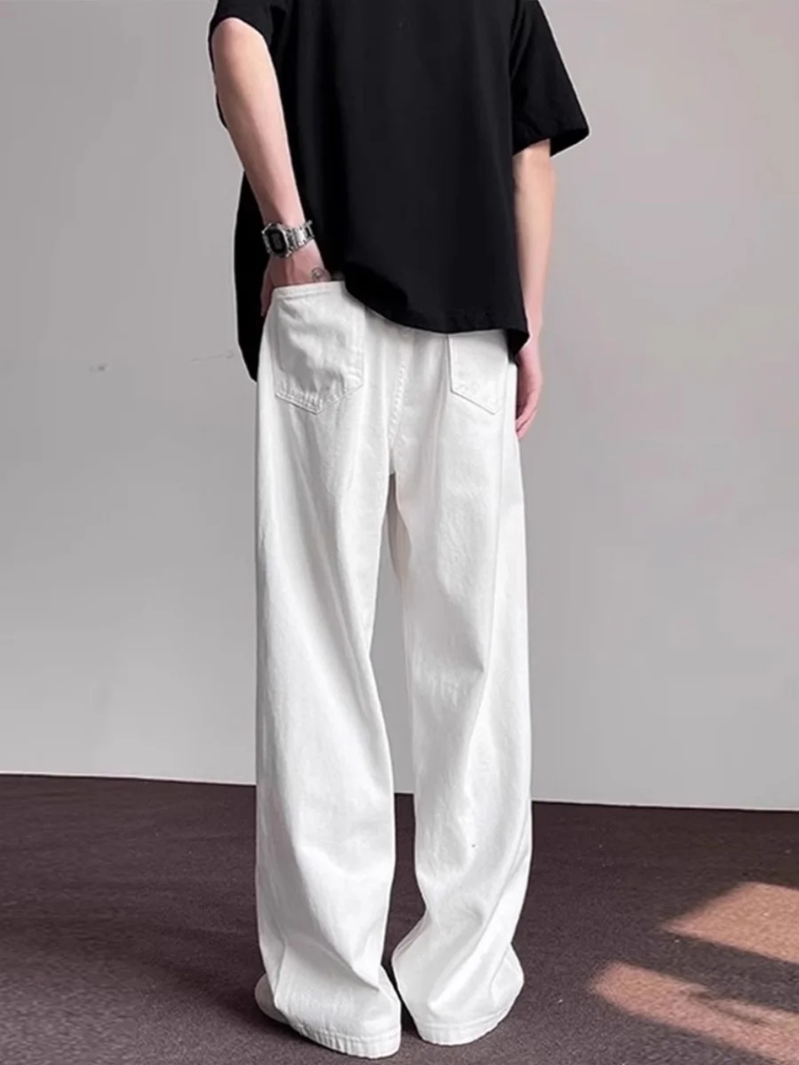 

American Retro Men's Wide Leg Jeans Floor-Length Straight Loose Pure Color High Waist Denim Pants Casual Straight Leg Trousers