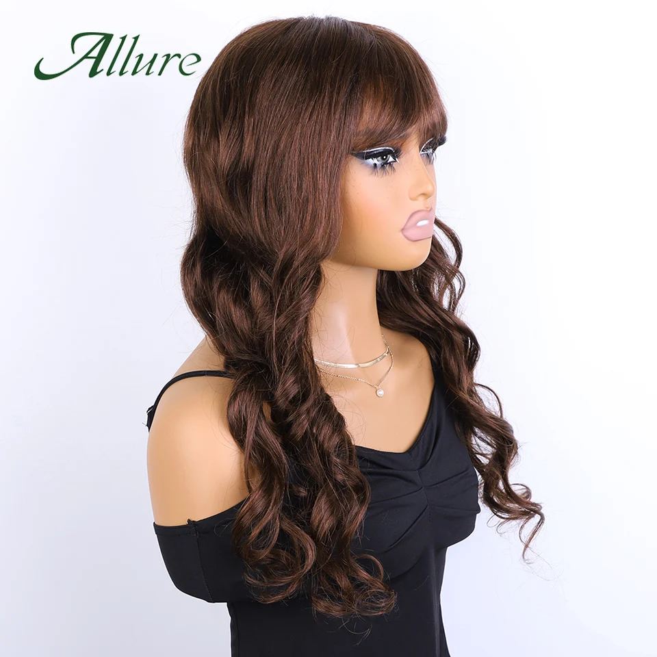 Brazilian Body Wave Human Hair Lace Wigs for Black Women 180% Density Dark Brown Colored Hair Long Wig With Bangs 20 inch Allure