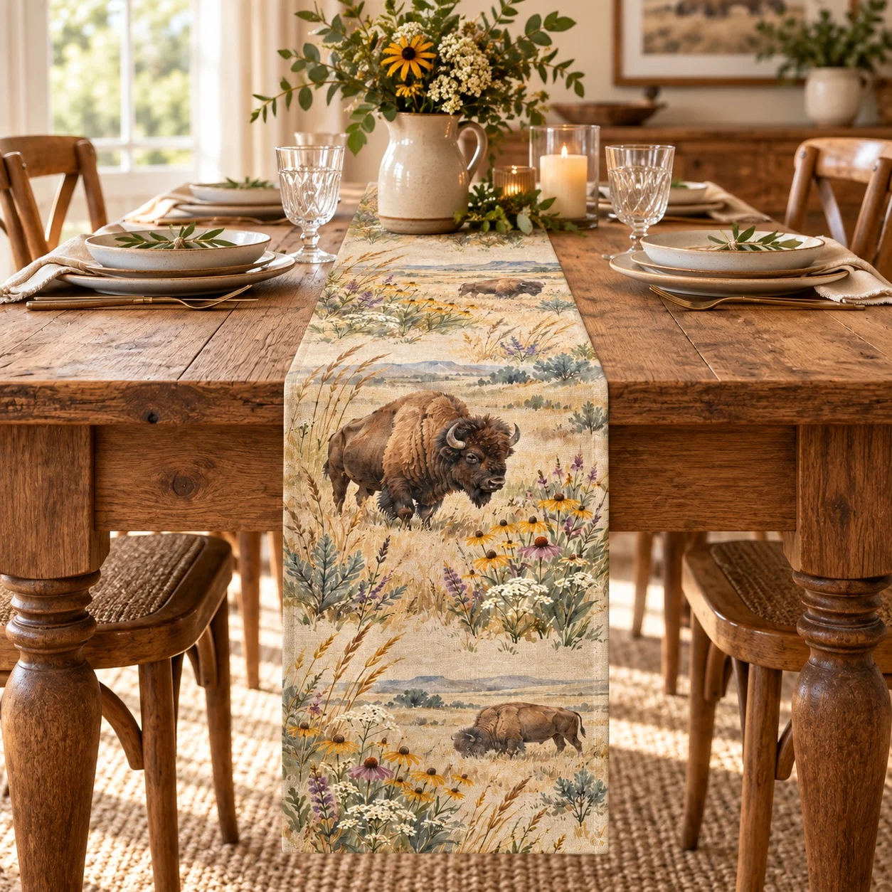 Prairie Bison Wildflower Table Runner Western Plains Wildlife Dining Table Decor Farmhouse Kitchen Home Party Decoration