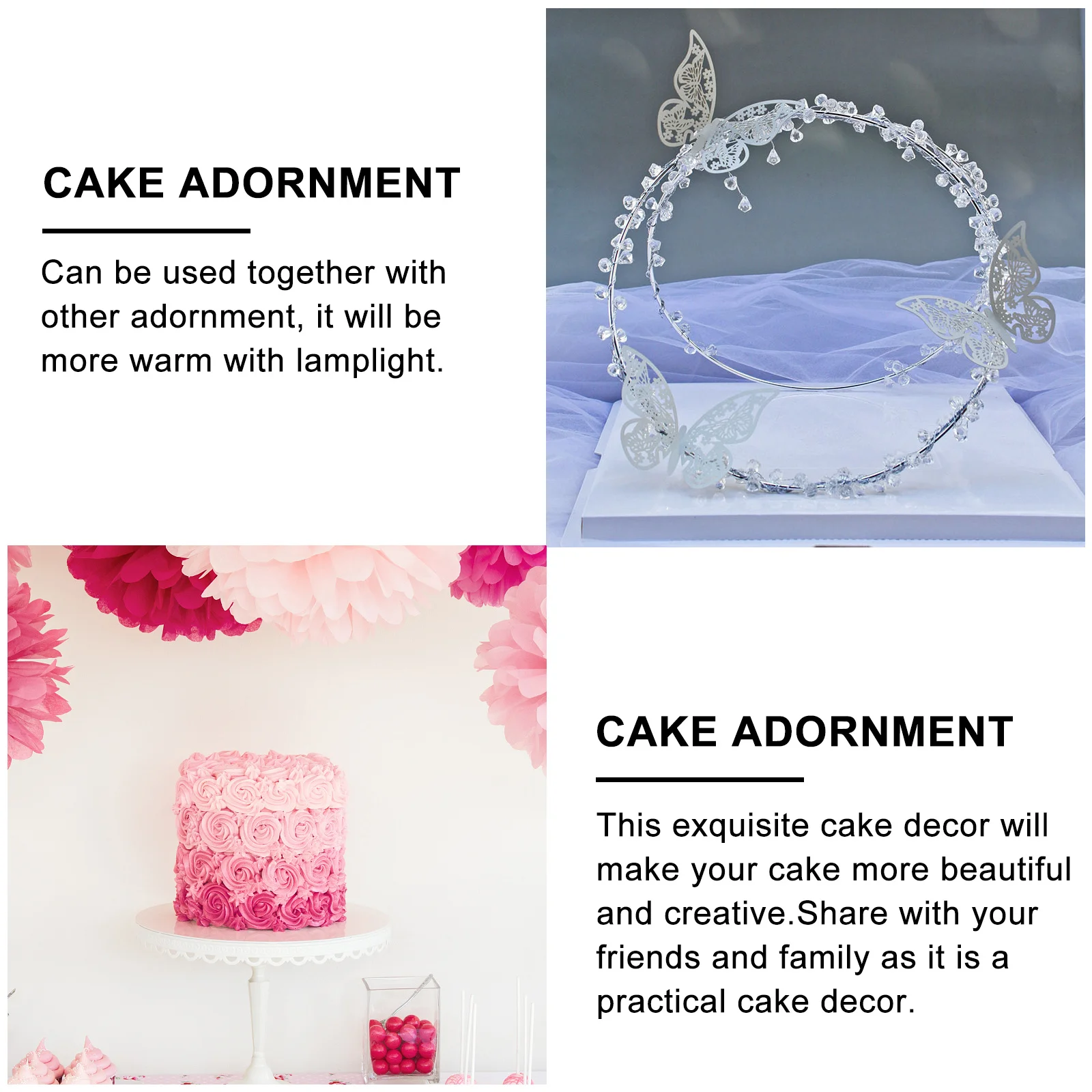 1Set Rhinestone Butterfly Cake Decoration Set Iron Big Ring Baking Cake Decor Adornment for Wedding Birthday Party