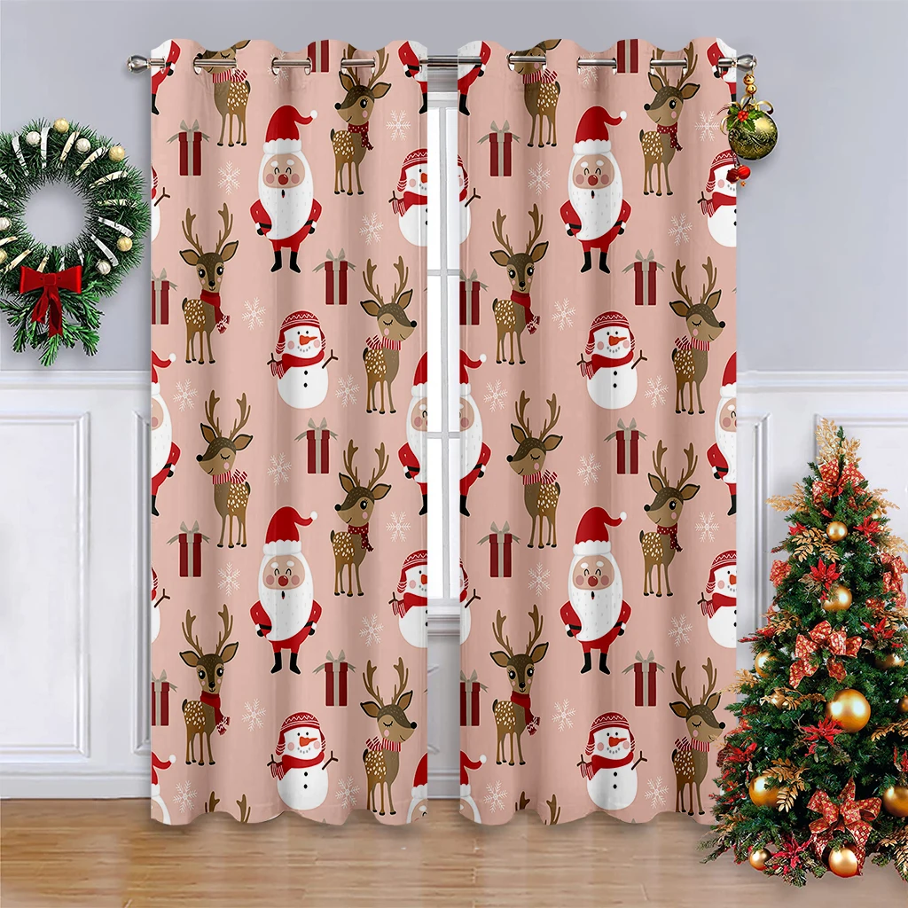 2pcs Decorative Curtains Featuring A Cartoon Reindeer And Santa Claus Print; Festive Window Curtains For Children's Rooms.