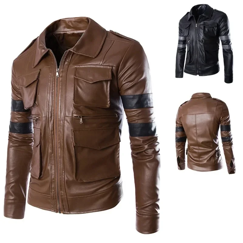 Autumn Winter Stand Collar Leather Jacket Leon Kennedy Cosplay Men's Fashion Casual Handsome Solid Tops Motorcycle Wear Jacket