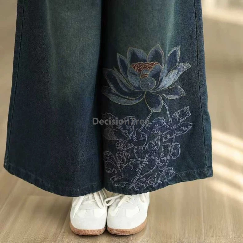 Весенне-осенние ретро этнические брюки с вышивкой лотоса, женские джинсовые широкие брюки в британском стиле, свободные свободные брюки большого размера в китайском стиле