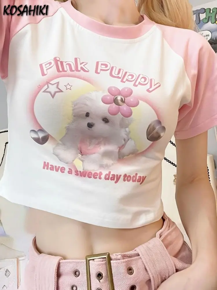 Lovely Dog Print Crop Top T-shirts Women Y2k Tops Aesthetic 2024 Summer Vintage Slim Short Sleeve Graphic Tee Harajuku Tshirt