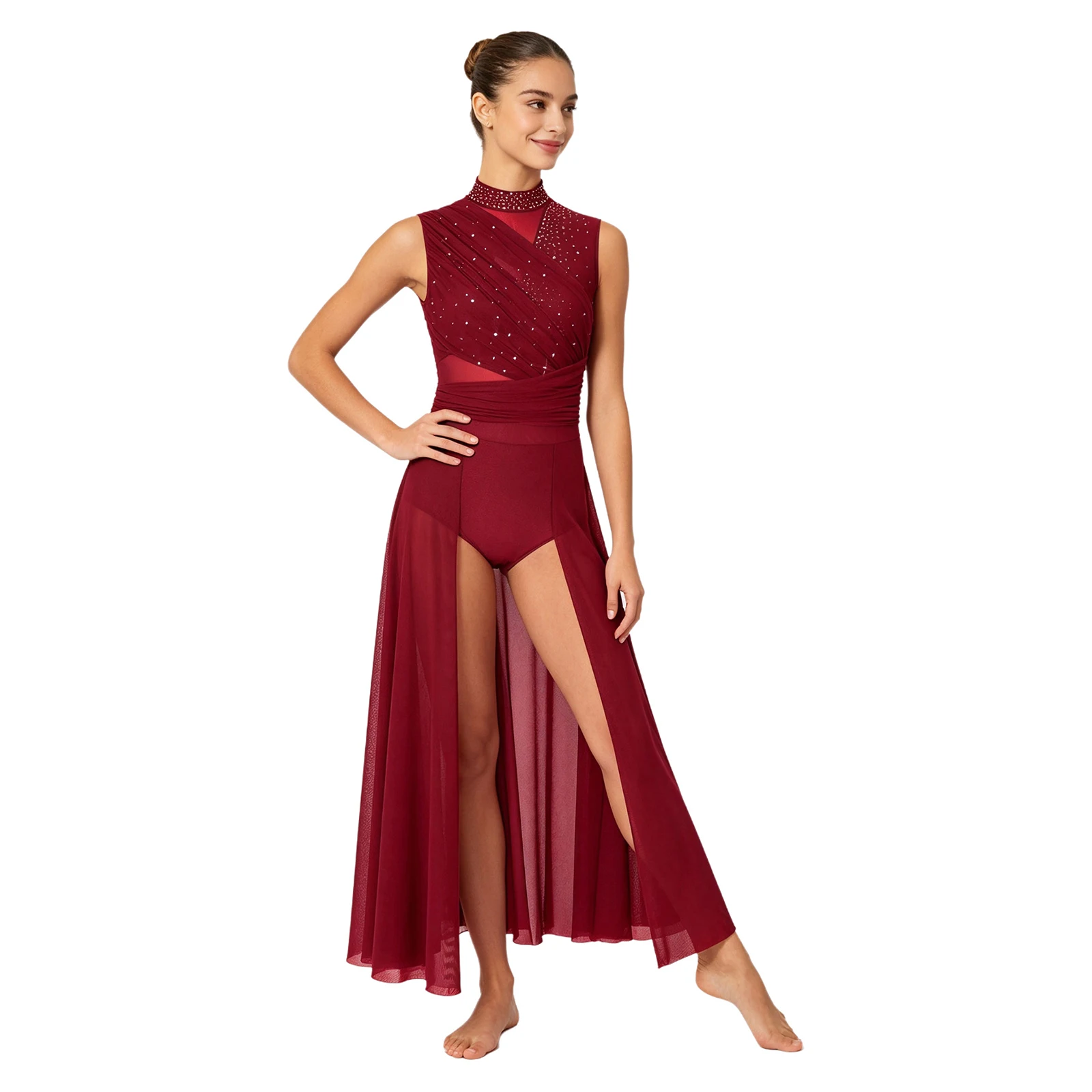Womens Modern Lyrical Dance Dress Sleeveless Backless Shiny Rhinestone Ruched Mesh Skirted Leotards Ballet Skating Dancewear