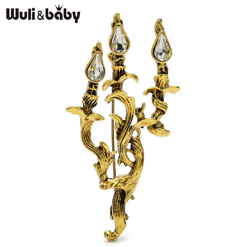 Wuli&baby Vintage Candle Holder Brooches For Women Unisex 2-color Metal Rhinestone Candlestick Brooch For Women's Clothes Pins