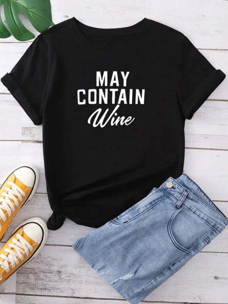 May Contain Wine Letter Print Women T Shirt Short Sleeve O Neck Loose Women Tshirt Ladies Tee Shirt Tops Clothes