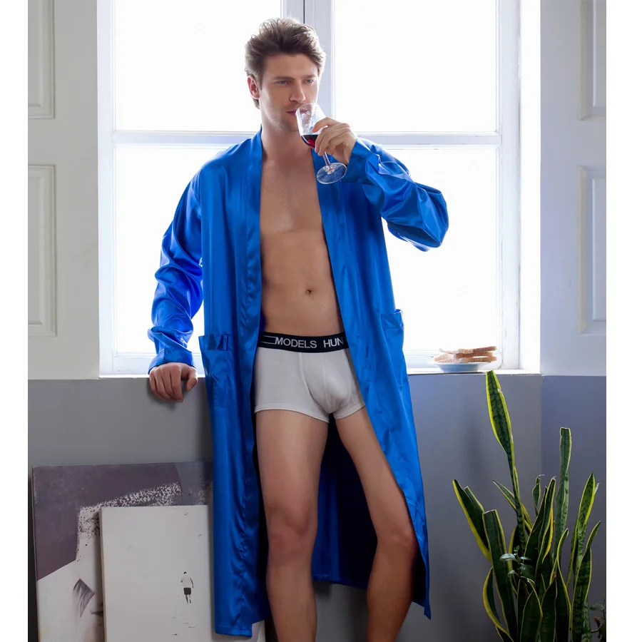 Large Size 3XL Robe Men Autumn New Single Nightgown Jewelblue Satin Bathrobe Kimono Gown Long Sleeve Home Dressing Gown