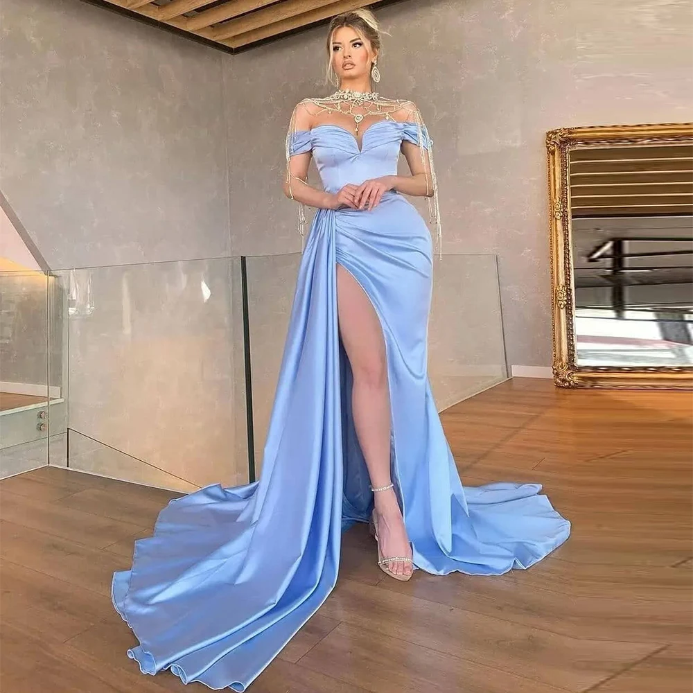 

Glitz and Glam Special Occasion Dresses Sheath/Column Satin Party Gown Sky Blue Off-the-shoulder Side Split Pleat Prom Long Gown