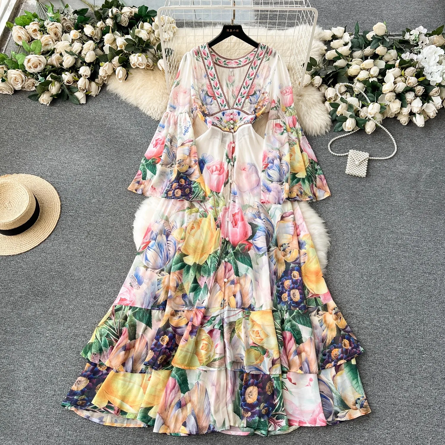 

Summer Bohemain Gorgeous Flower Cascading Cake Dress Women's V-Neck Long Flare Sleeve Floral Print Holdiay Chiffon Vestidos 6397