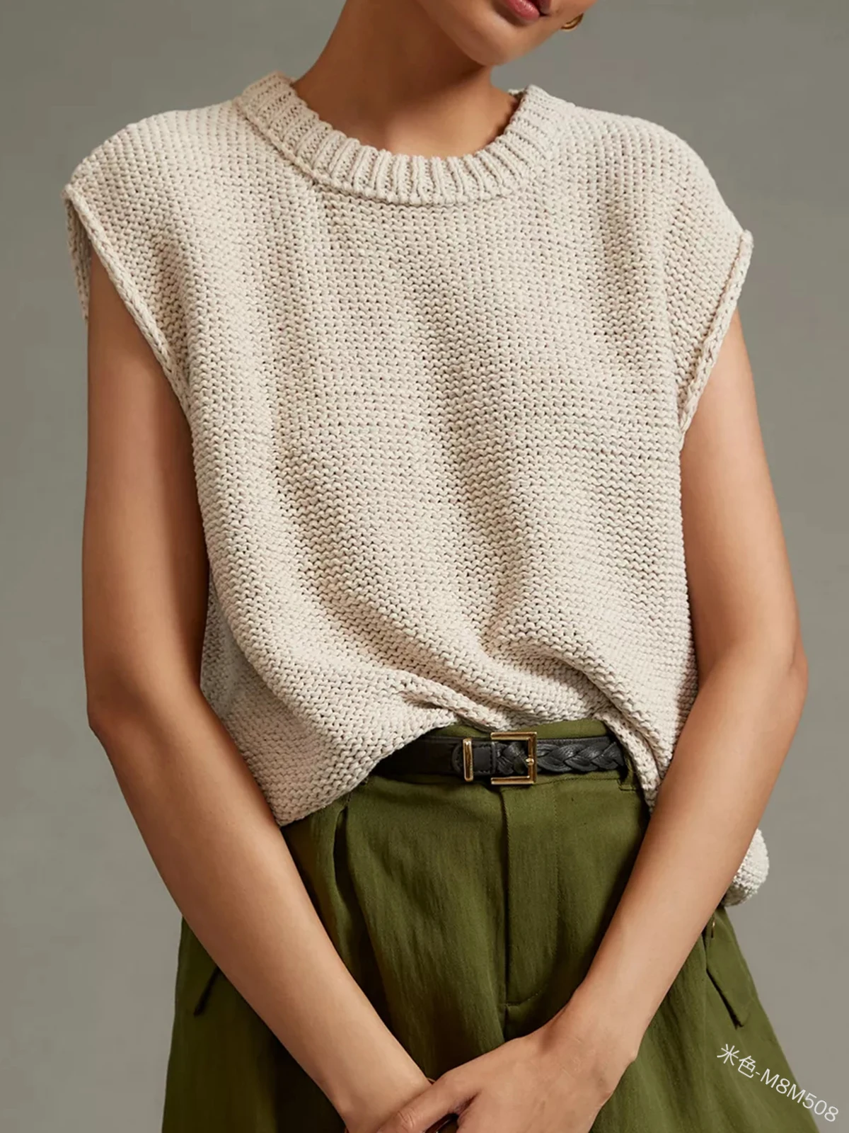 Solid Color Crew Neck Knitting Sweater Women Sleeveless Casual Loose Tops Streetwear Pullovers Fashion Daily Autumn Y2k Clothes