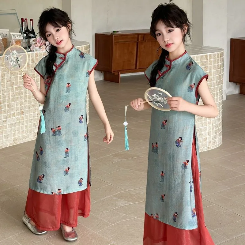 Girls' Summer Hanfu Cheongsam Set 2026 New Children's New Chinese Long Qipao Dress Kids' Printed Cheongsam 2-piece Set LJ301