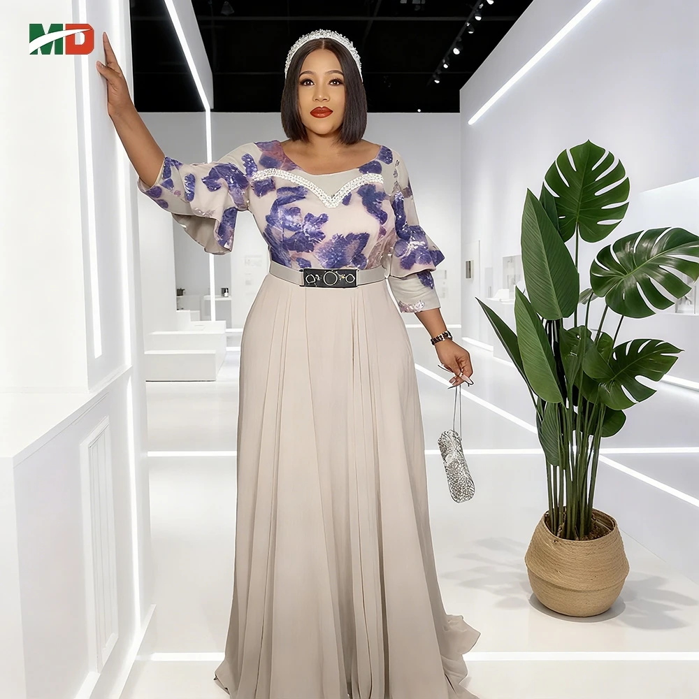 

MD африканская одежда, шифоновые платья с блестками для женщин, макси-халат с рюшами, Дубай, Турция, кафтан, свадебное платье, наряды Дашики