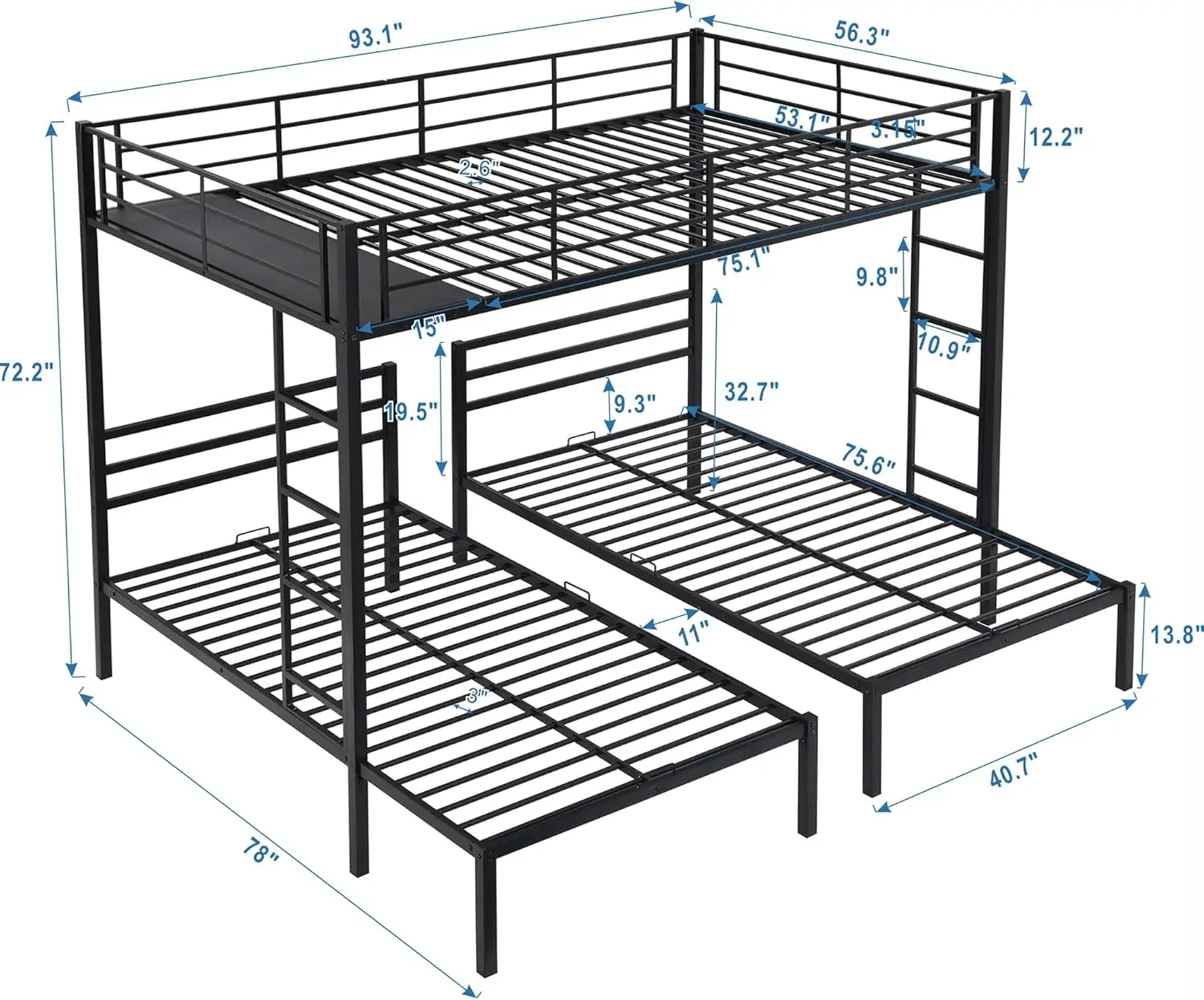 Bovza Metal Triple Bunk Bed, Full Over Twin & Twin Size Bunk Bed With Built-In Shelf And Ladders, Bunk Beds For 3 Kids Teens