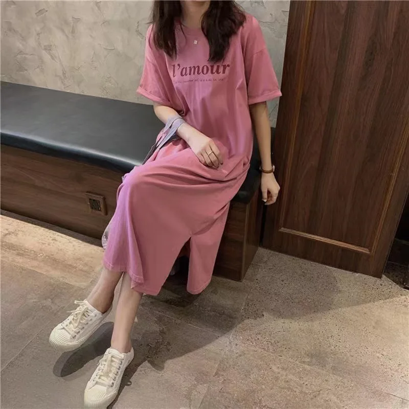 

Summer plus Size Loose Printed Short Sleeve Dress Women's 200 Pounds Fat MM Knee-Length Lazy Girl Dress Commute Style PVC Fabric