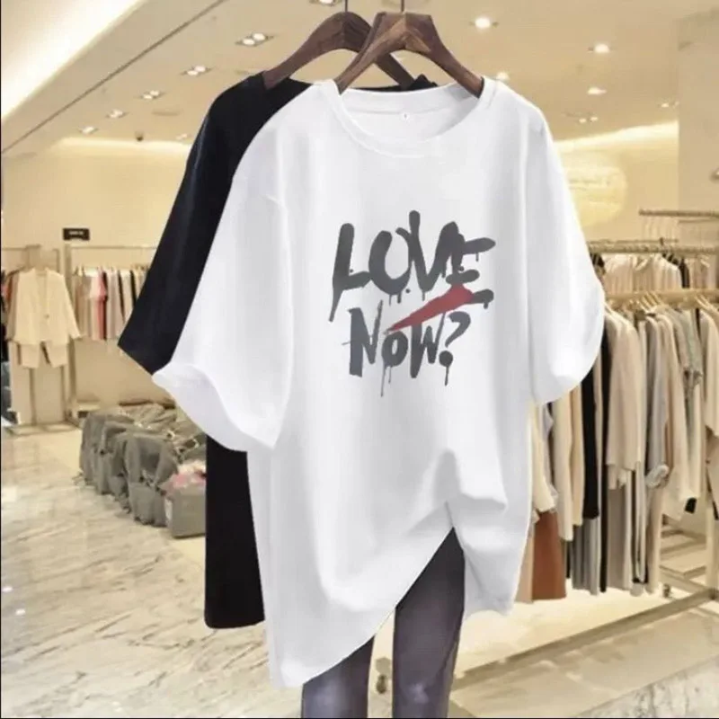 Summer Fashion Hand-Painted Letter Basic T-shirts Women Pure Cotton O-neck Short Sleeve Top Tee Casual Loose Pullovers 45-105Kg