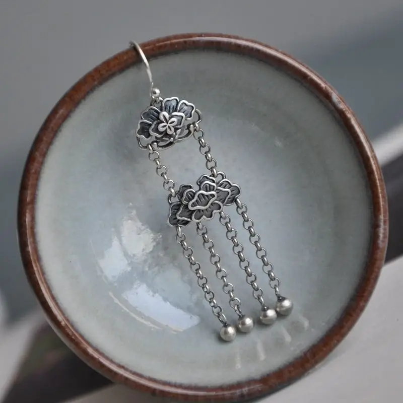 Vintage Thai silver tassel flower design drop earrings for women Chinese style unique art ethnic style ladies jewelry