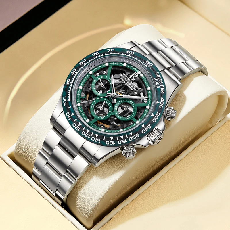 BONEST GATTI BG8019 Mens Mechanical Automatic Wristwatch 40MM Case Scratch Resistant Lightweight Carbon Fiber Case Male Watch