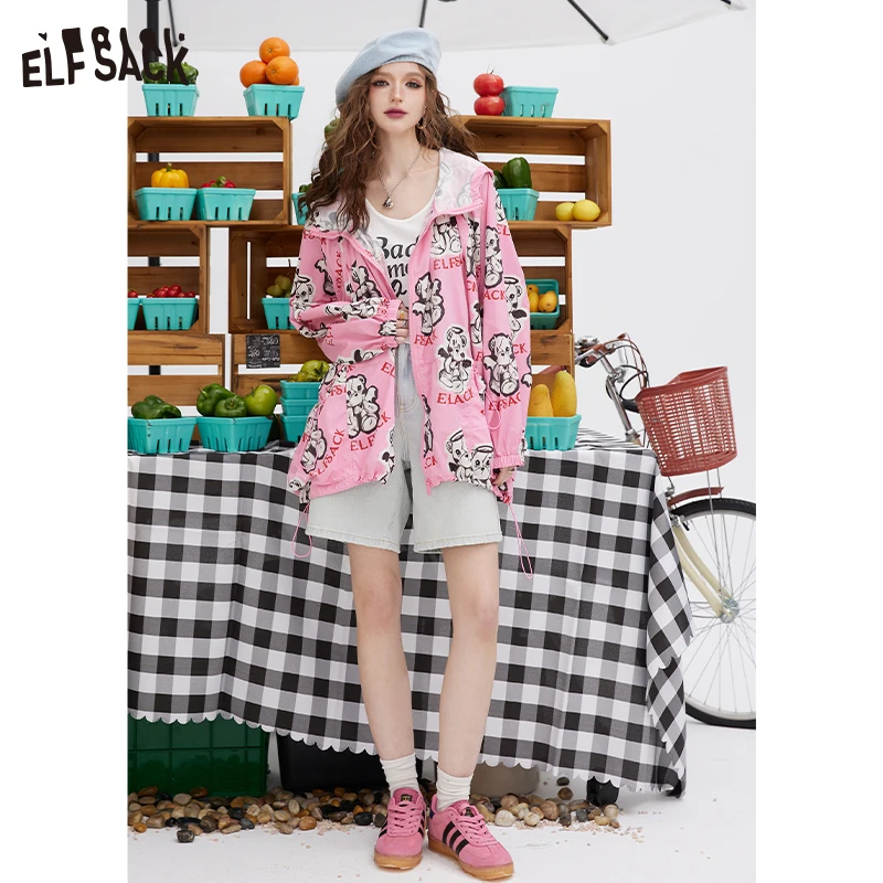 ELFSACK 2024 summer new arrival picnic travel vacation holiday soft comfortable fitted Pink full print medium length jacket crea