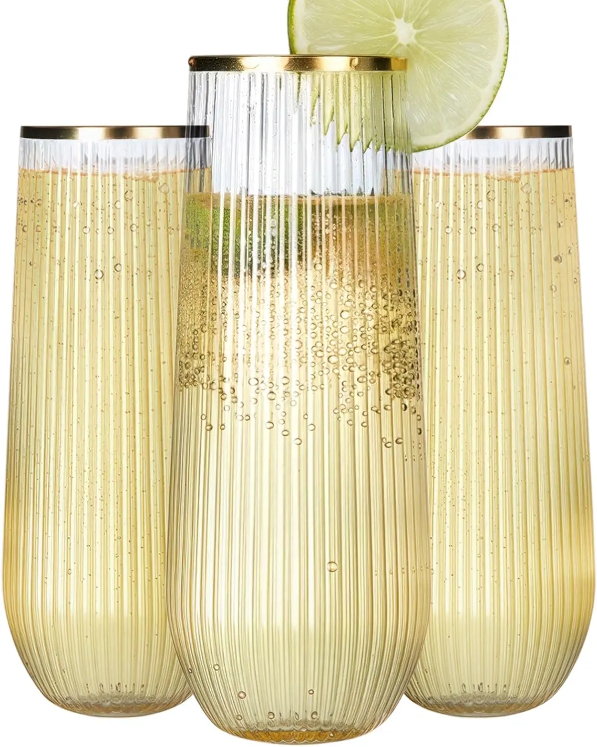 

48-Pack Stemless Champagne Flutes, 9 Oz Gold-Rimmed Ribbed, Unbreakable Shatterproof Glasses for Weddings & Parties