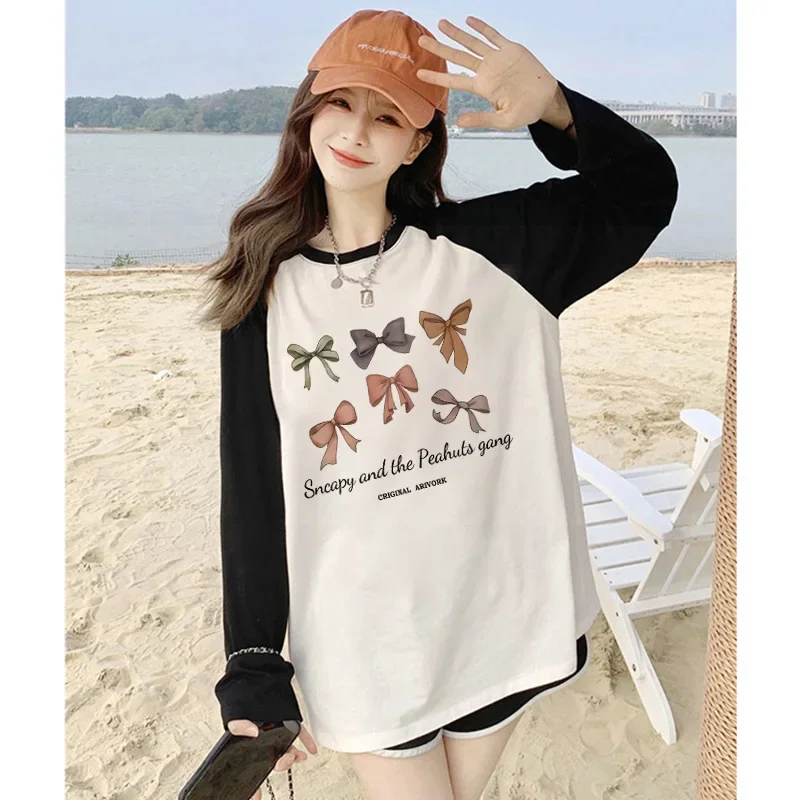 Women's Spring Autumn Inner Long Sleeve T-Shirt Loose Fit Black White Color Block Top Polyester Fiber Crew Neck Full Sleeve