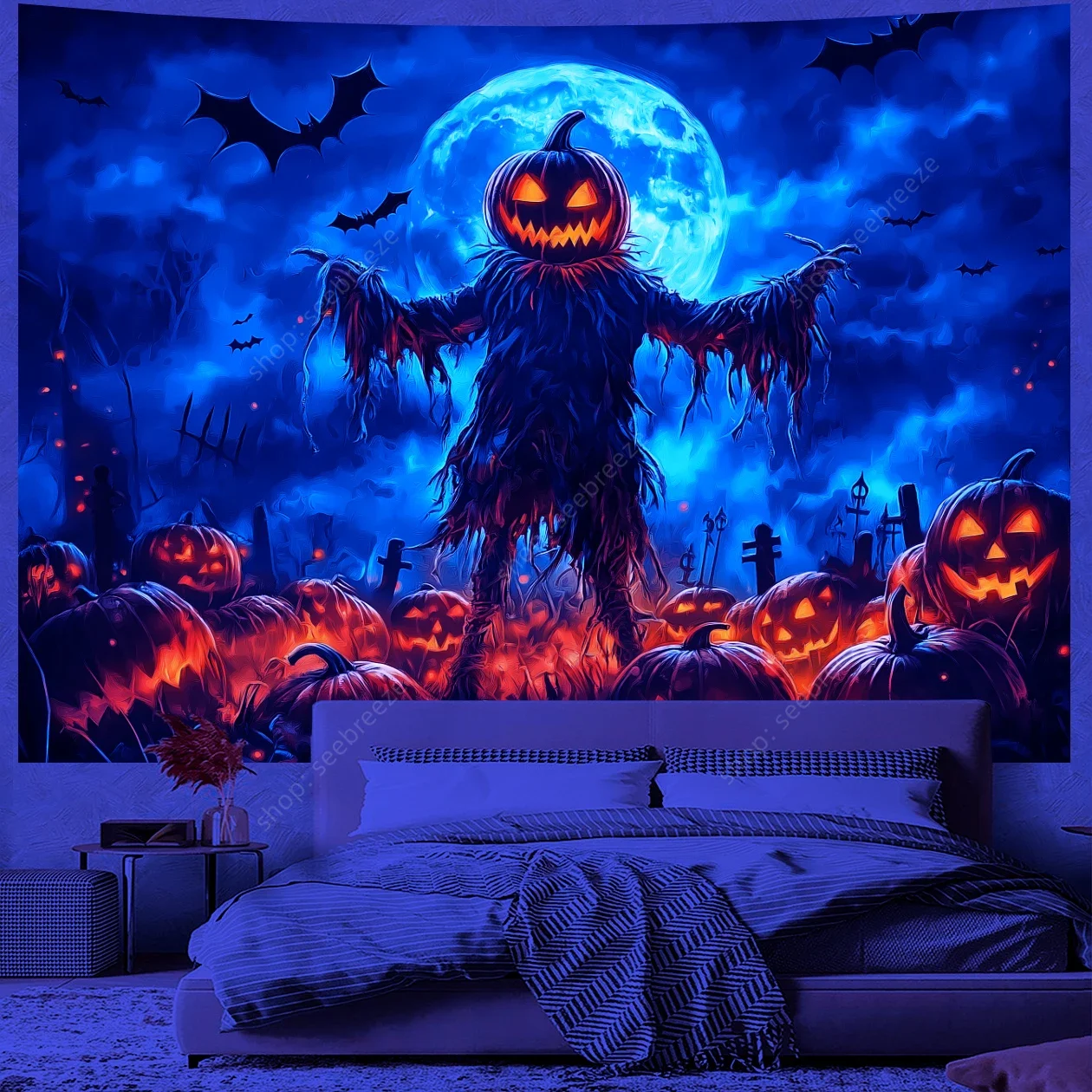 Halloween Themed Wall Art UV Reactive Tapestry Pumpkin Day Decorative Wall Hanging Festival Decoration Props Gift for Friends