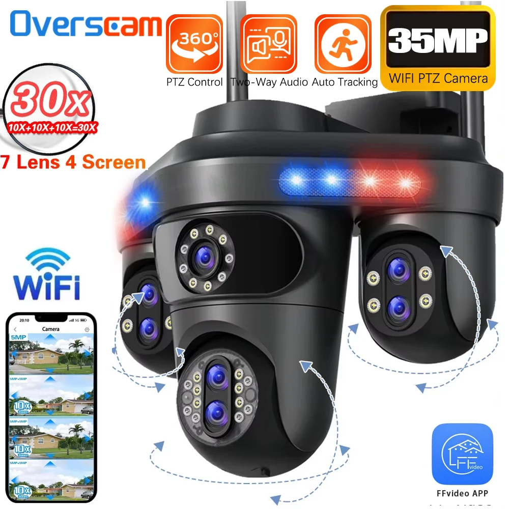 

30X PTZ Zoom Seven Lens 35MP 18K WIFI Camera Outdoor Camera 4-Screen Auto Track Audio Record Waterproof CCTV Video Security Cam