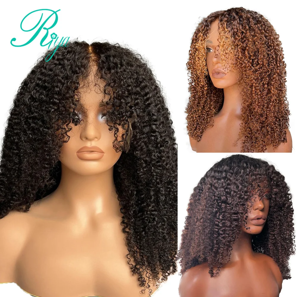 13 x 6 Lace-Front-Echthaar-Perücke für schwarze Frauen, 360-Grad-braun gefärbt, verworrene lockige Perücken mit Pony, vorgezupfter natürlicher Haaransatz, 13 x 4