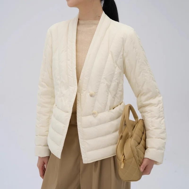 

Winter 2025 Women's V-Neck Fashionable Lightweight Warm down Jacket Y2K High-Quality Casual Simple Slim Fit Short Thin Outerwear