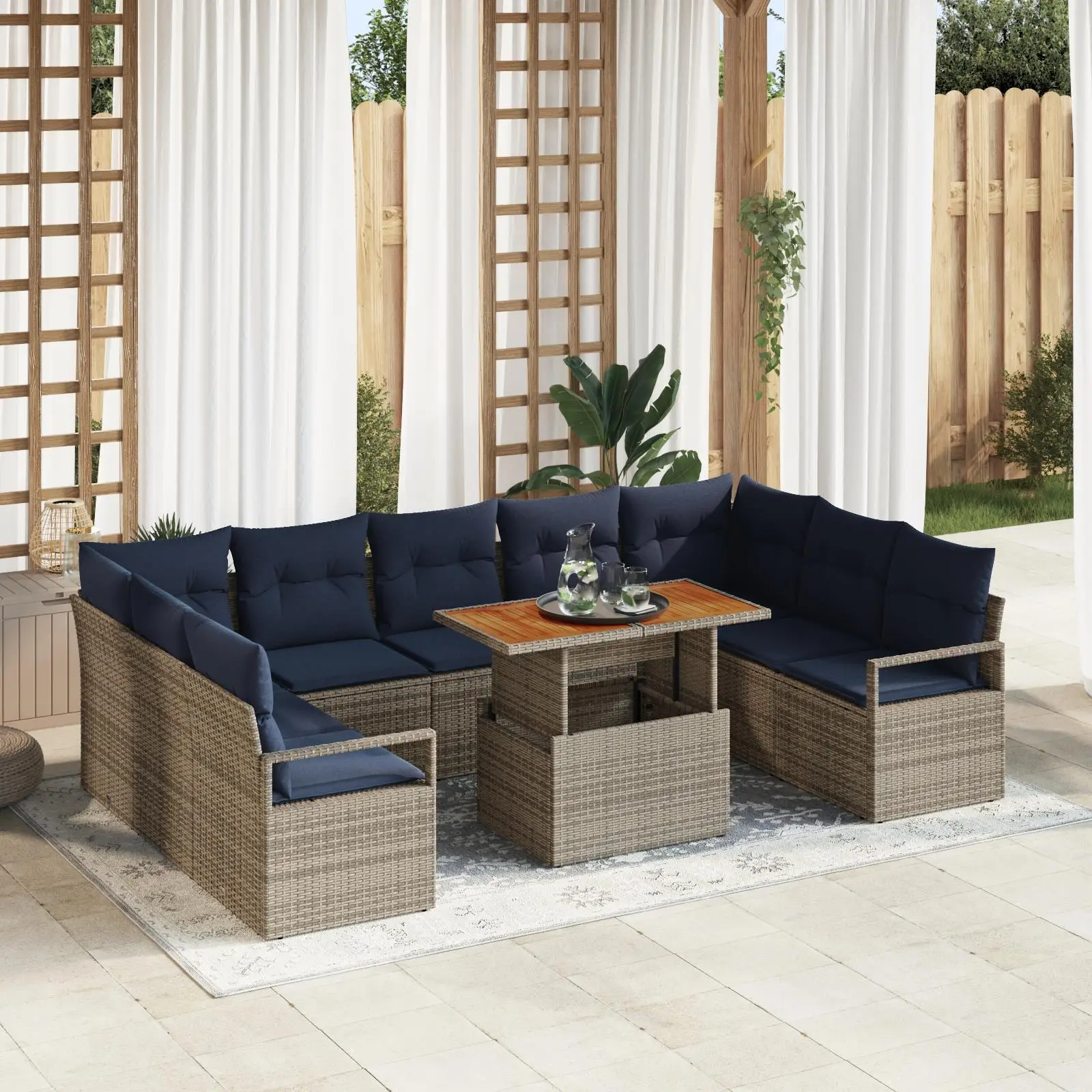 

10 Piece Outdoor Garden Sofa Set with Cushions Grey Poly Rattan and Acacia Wood