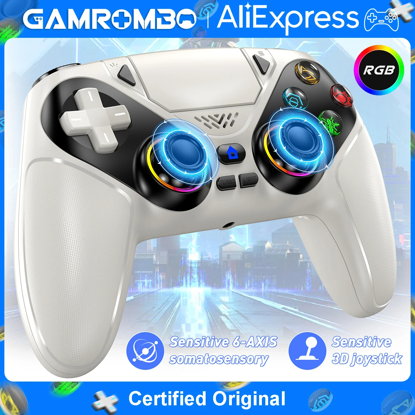 Controle sem fio GAMROMBO com luzes RGB para PlayStation 5 PS5/Pro/Slim/PC, gamepad com gatilho de efeito Hall, função turbo e vibração.
