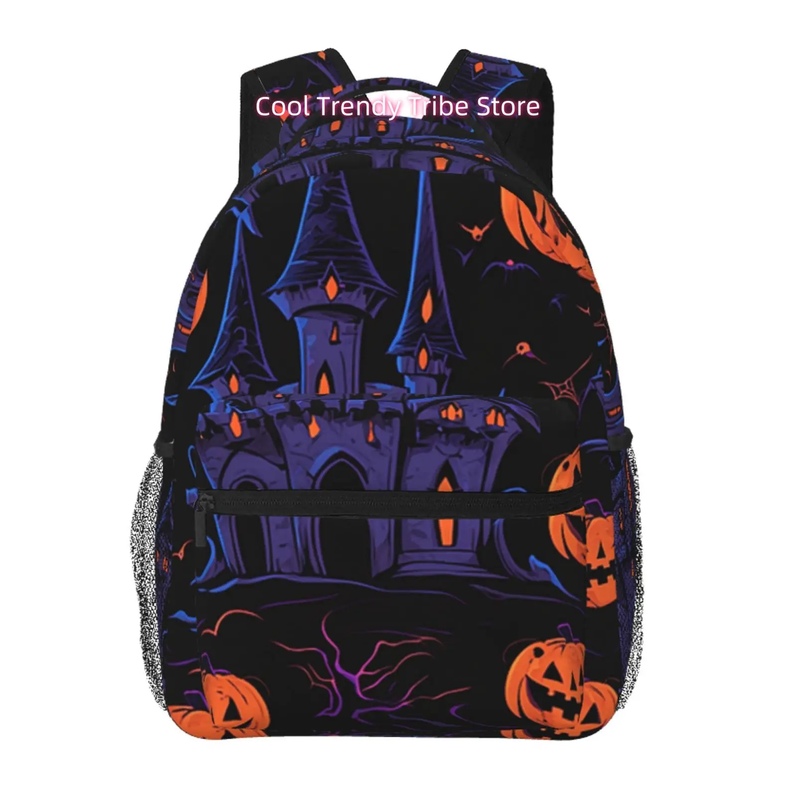 

Black Purple Haunted Castle Pumpkin Halloween Travel Backpack, Large Capacity with Adjustable Shoulder Straps& Multiple Compartm