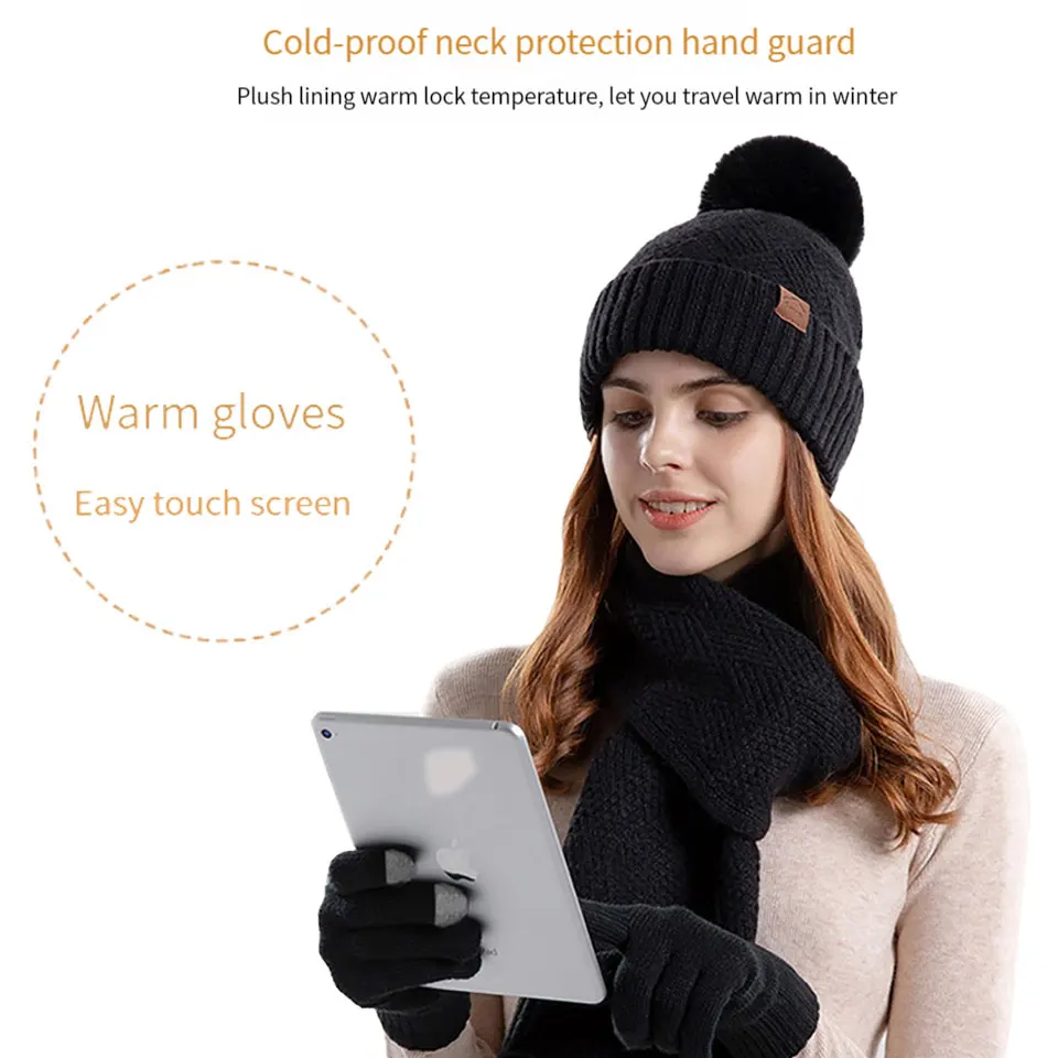 GETINFIT Cappello di lana lavorato a maglia invernale Cappello caldo da donna Sciarpa Guanti Set da tre pezzi Protezione per le orecchie Cappello con fascia Protezione invernale