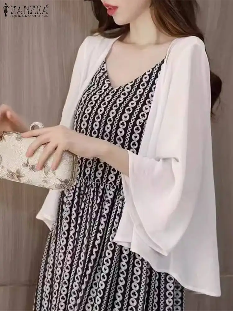 ZANZEA Women Summer Chiffon Cardigan All-match Flared Sleeve Basic Shirt Korean Fashion Beach Sheer Chiffon Cover Up Kimono Tops