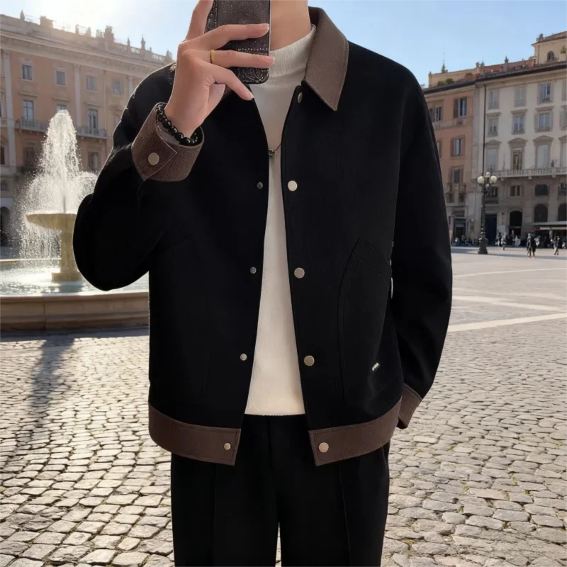 Men's Paneled Bomber Jacket with Contrast Collar - Zip-Pocket Design in Solid Color for Casual Autumn Wear