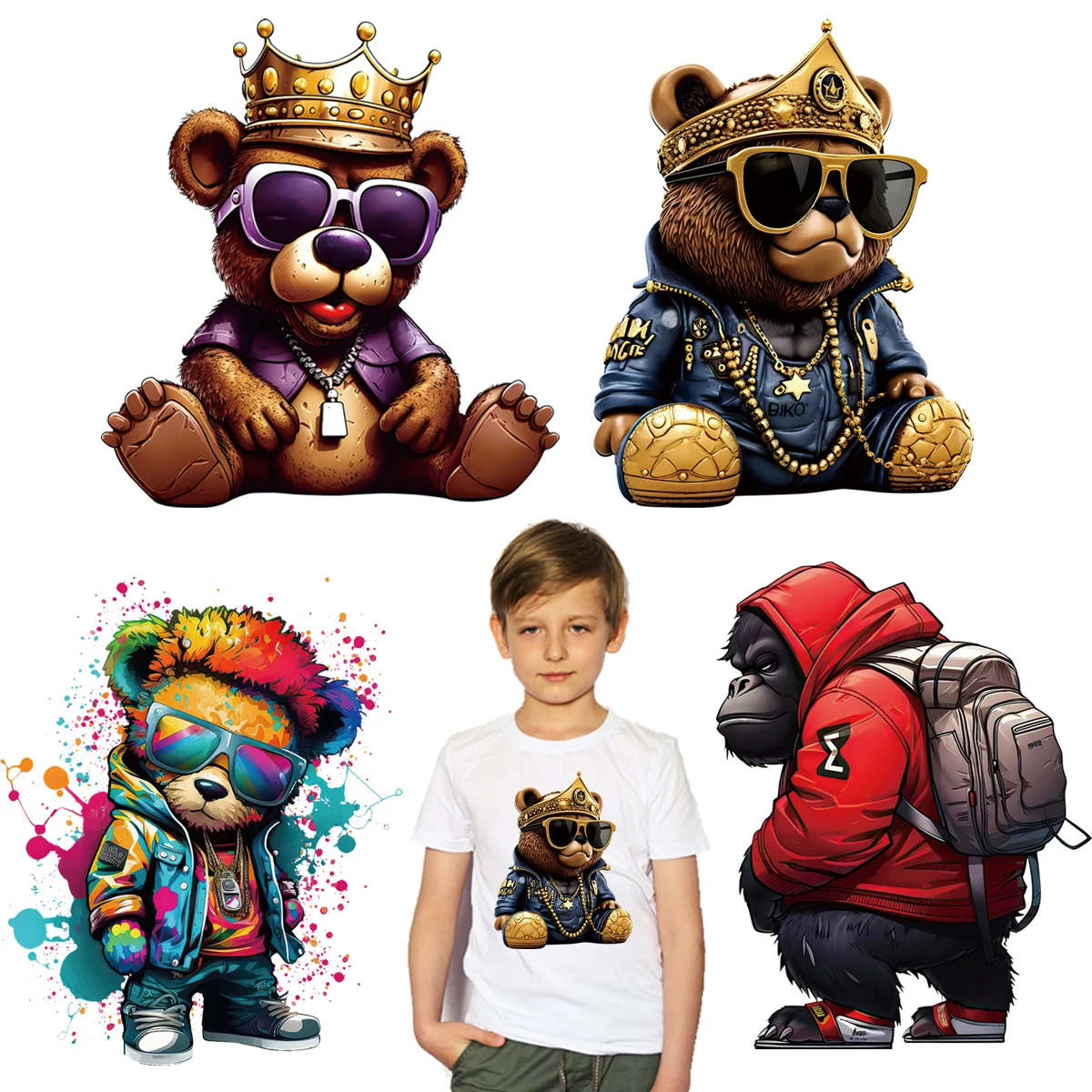 King Bear Iron On Patch Hiphop Diy Accessory Print On T-Shirt Washable Clothes Decoration New Parches Para La Ropa Heat Transfer