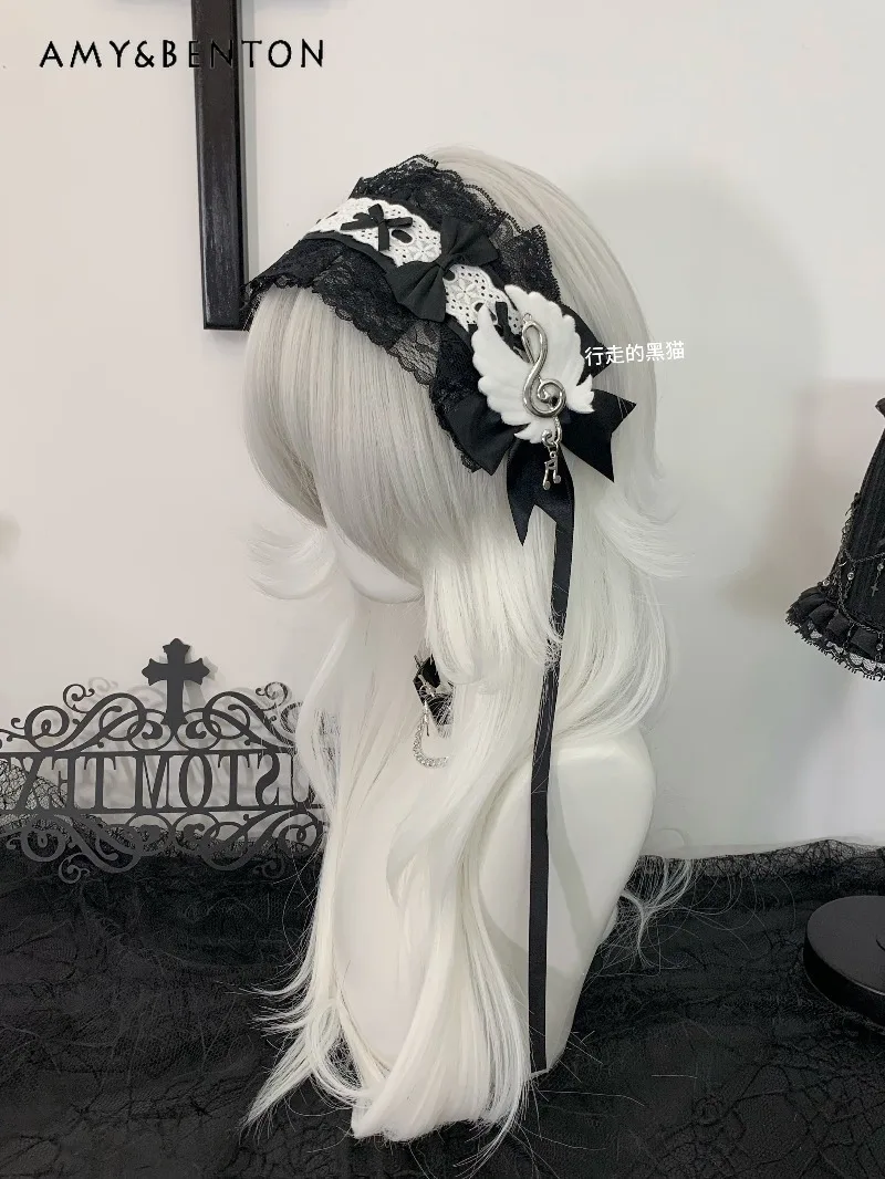 اليابانية الأصلية لوليتا Harajuku نمط القوطية المرقعة هيرباند الألغام سلسلة ثقافة فرعية مقوس دانتيل الثقيلة الحرفية لطيف Headbands #5
