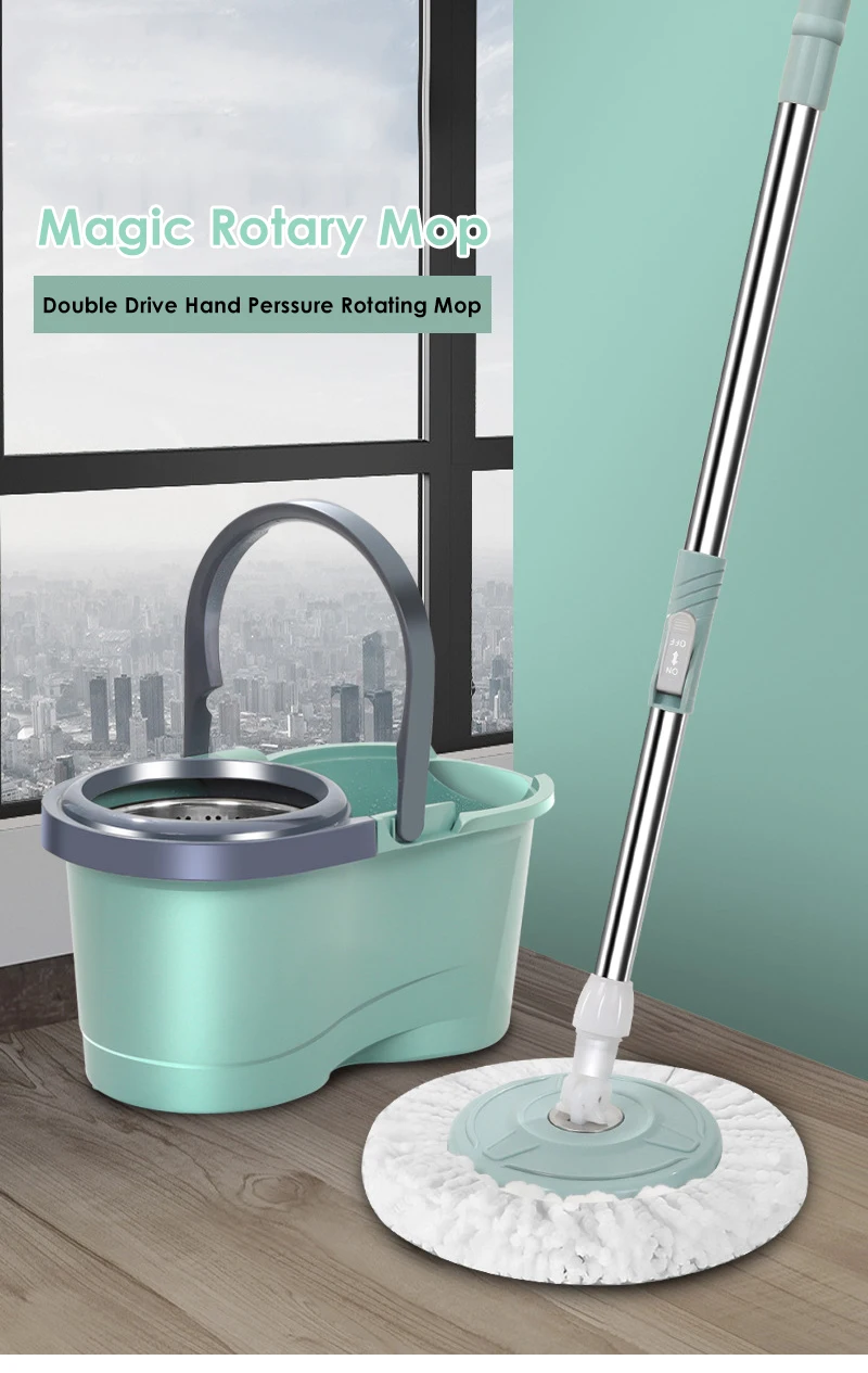 Mops Thickened Double Drive Lazy Mop Barrel Rotating Stainless Steel Swing Dry Mops Household Handwashing Mops Dry and Wet