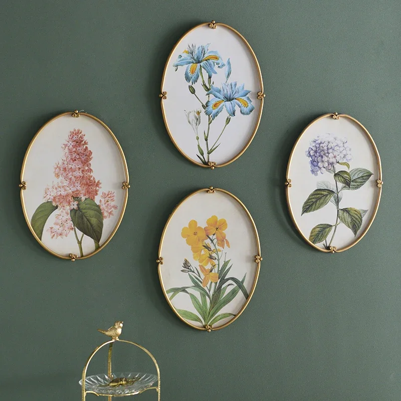 

Vintage Wall Hanging Decorations Chinese Art Plants Floret Wall-mounted Decor Home Paiting Board Metal Edge Photography Props