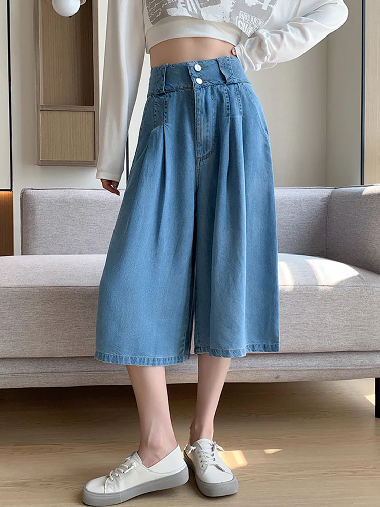 

Vintage High Waisted Denim Pants Woman Loose Wide Leg Plus Size Jeans Baggy Pants Women Capris Pleated Culottes Cotton Trousers