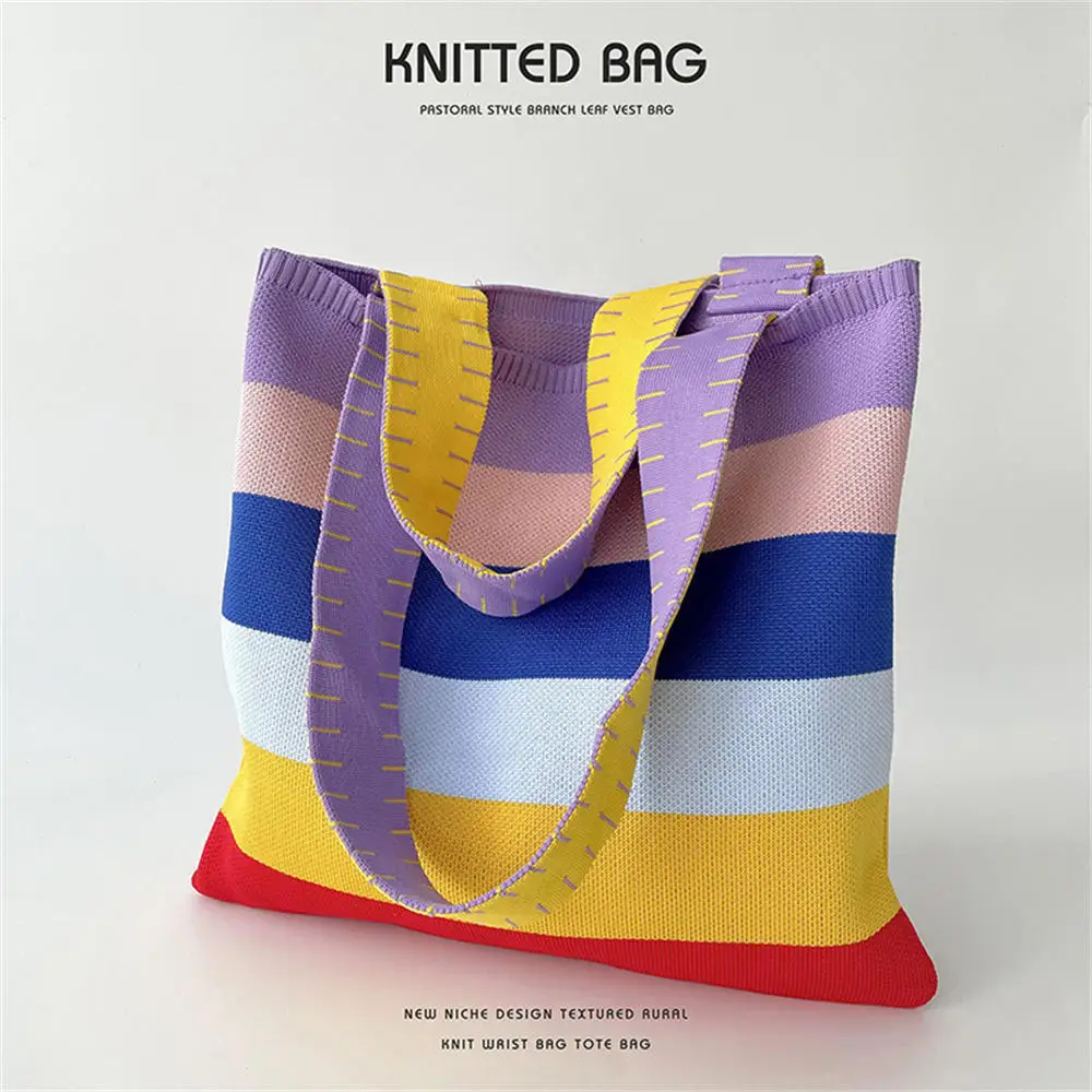 Rainbow Contrast Color Striped Handbag Y2k Korean Style Shoulder Bag Knit Eco Friendly Shopper Tote Handwoven Cute Beach Bag