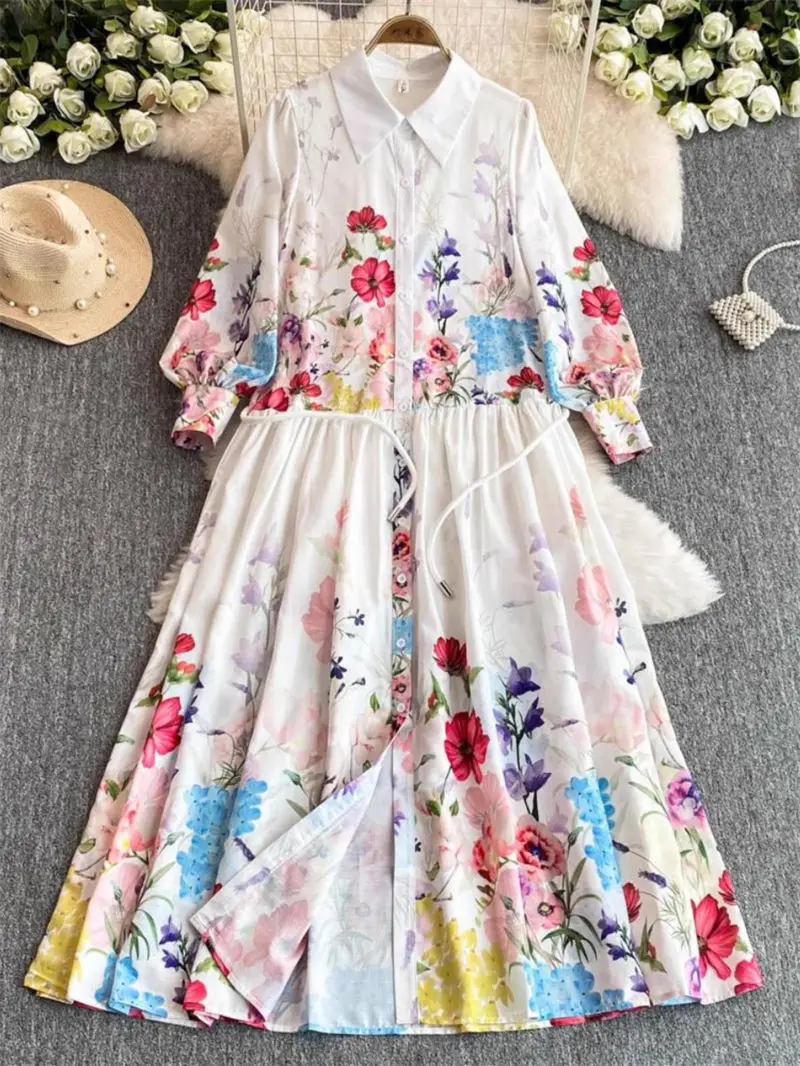 Autumn And Winter French Court Style Slimming Lantern Sleeves Chiffon Dress Women's Large Swing A-Line Printed Long Dress a107