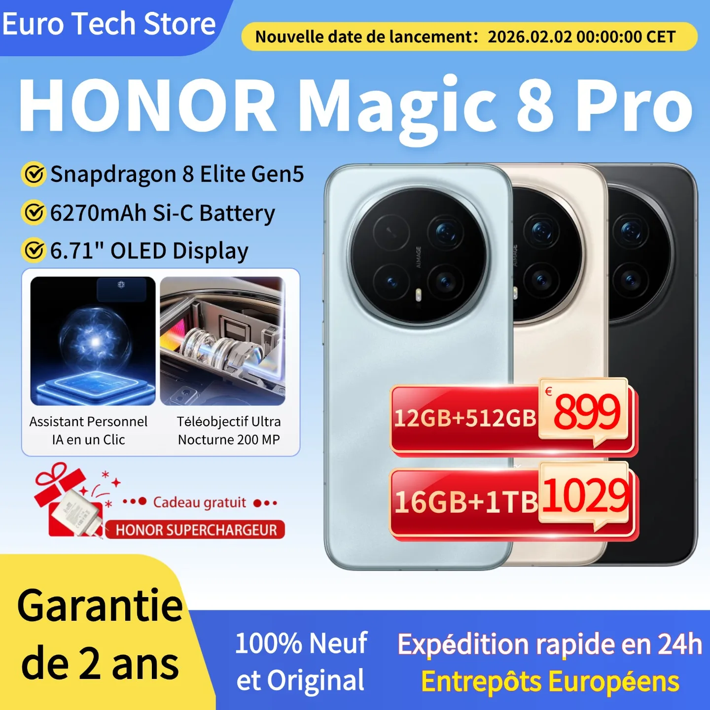 Smartphone HONOR Magic 8 Pro 5G Version UE Snapdragon 8 Elite Gen 5 200MP AIMAGE 6270mAh 100W 6.71''OLED NFC eSIM Honor