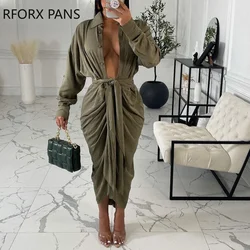 Women Solid Casual Chic Button Sashes Long Sleeves Shirring  Maxi Sexy Dresses