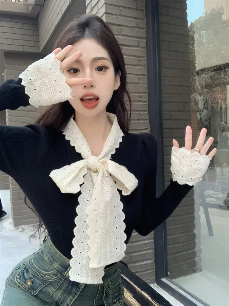 

Women's Knitted Knot Top Slim Fit Short Style Base Shirt Fashionable Spring Autumn New Arrival Korean Style Commute