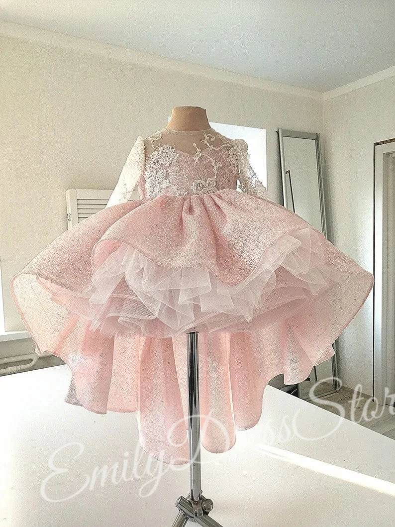 Robe à fleurs Champagne personnalisée pour filles, pour mariage, couches de paillettes brillantes en Tulle avec nœud, robe de fête d'anniversaire pour enfants