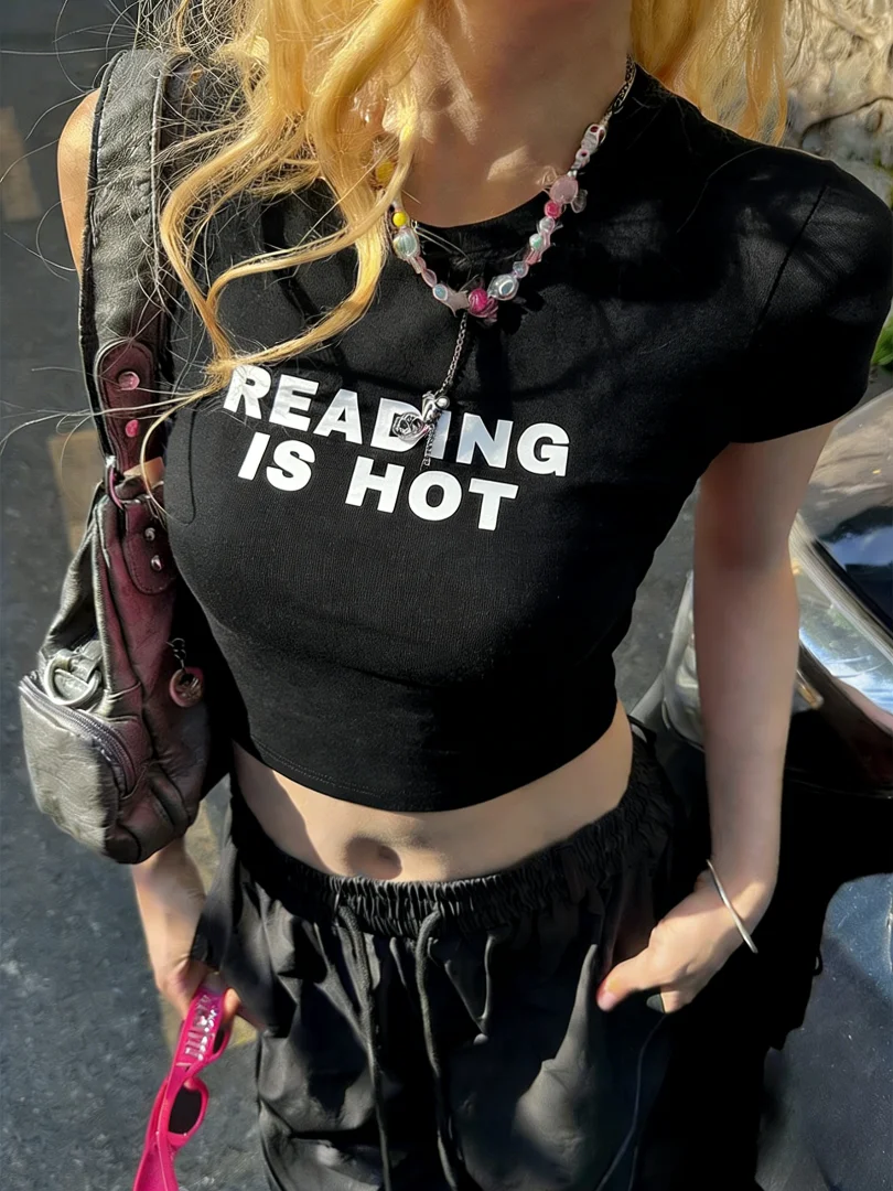 

Футболка с коротким рукавом NUOMICI для женщин, летняя одежда, тренд Y2K, укороченный топ с буквенным принтом, сексуальный женский топ в стиле K-pop и хип-хоп, эластичный