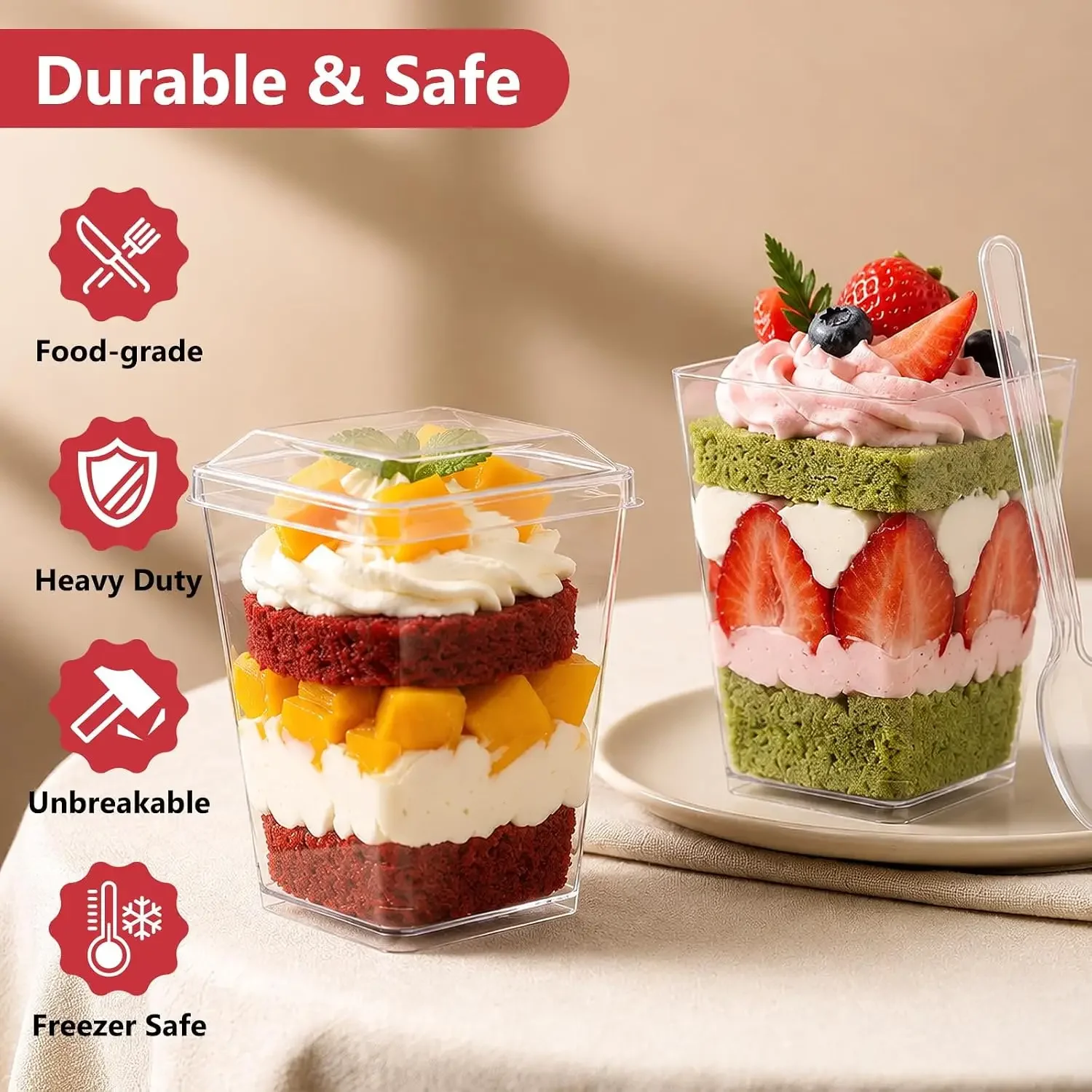 50 Pack Mini Dessert Cups with Lids and Spoons,5oz Clear Square Plastic Cups for Homemade Cheesecake,Tiramisu,Pudding,Parfait and Mousse Desserts,Individual Serving Containers for Home Bakers,Kitchen Baking Projects,Family Gatherings and Holiday