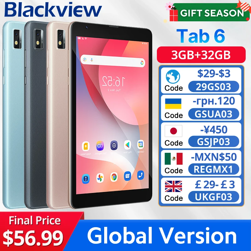 Blackview Tab 6  Tablet  8'' HD Display Unisoc T310  3GB 32GB 3G 3.5mm jack 5580mAh Battery WiFi 5MP Camera Android 11 Pad PC