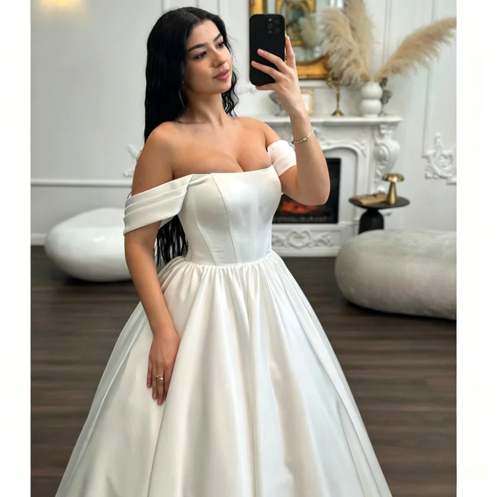 Customized Formal Thick Satin A Line Wedding Dress Off The Shoulder Sweetheart Neck Exquisite Pleats Court Train Bridal Gown